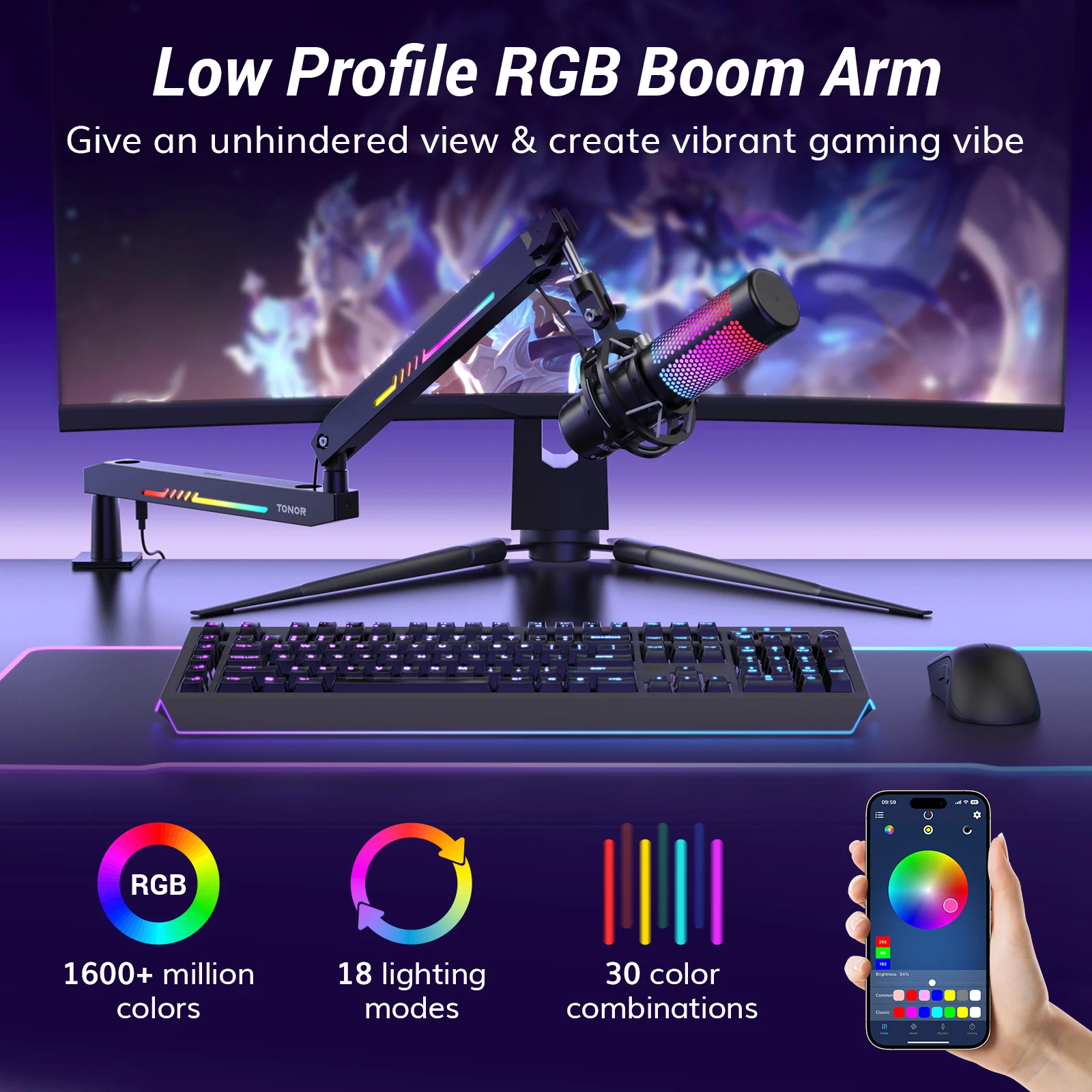 RGB Gaming Mic Arm with Controllable RGB Light and Cable Management