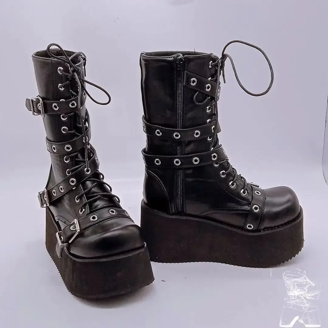 Plus Size 43 Autumn Women Boots Buckle Round Toe Wedges Platform Boots Punk Goth INS Women Street Shoes Combat Boots for Women