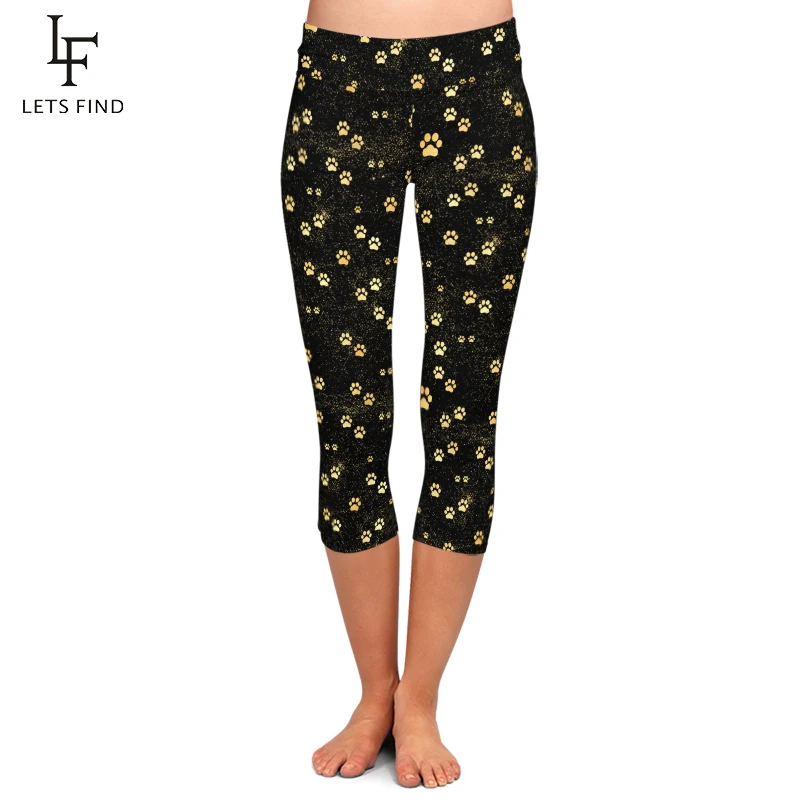 Women Leggings Elastic Capri Legging Dog Paw Printed Pants High Waist  Mid-Calf 3/4 Stretch Casual Leggings Fou Summer