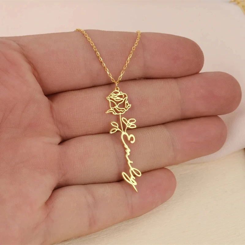 Custom Birth Month Name Flower Necklace Stainless Steel Nameplate Pendant Personalized Chain Necklace for Women Couple's Gifts