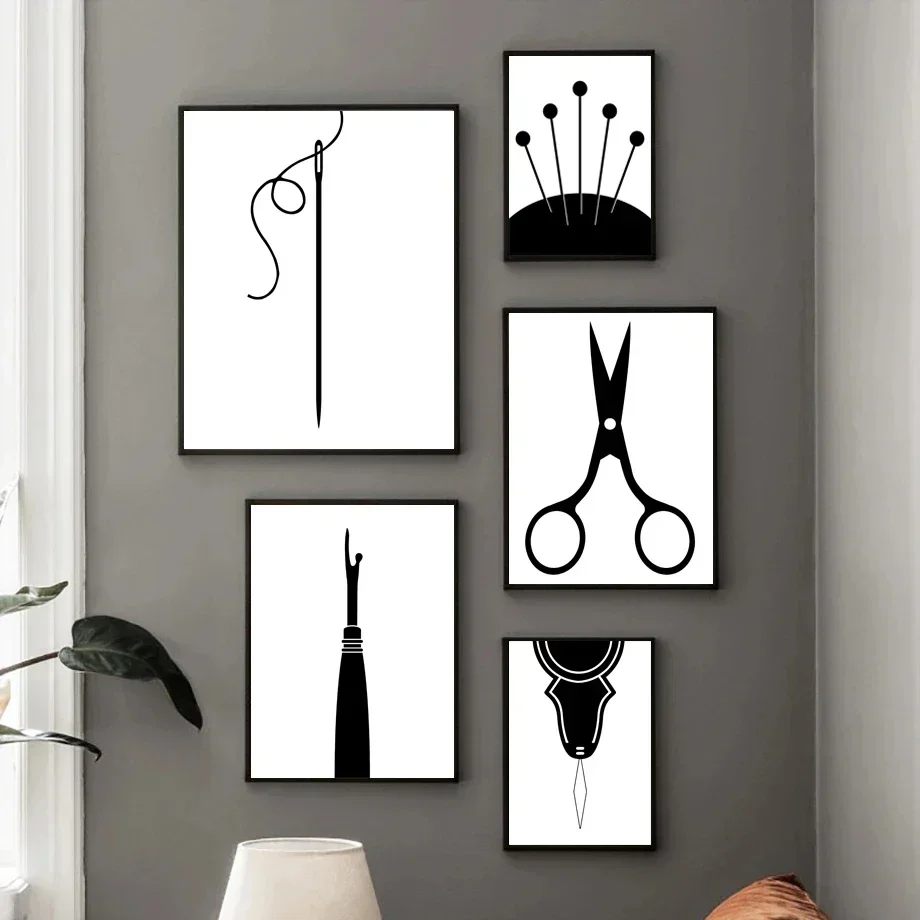 SimpleBlackandWhiteDesignLineSewingScissorsPosterArtCanvas