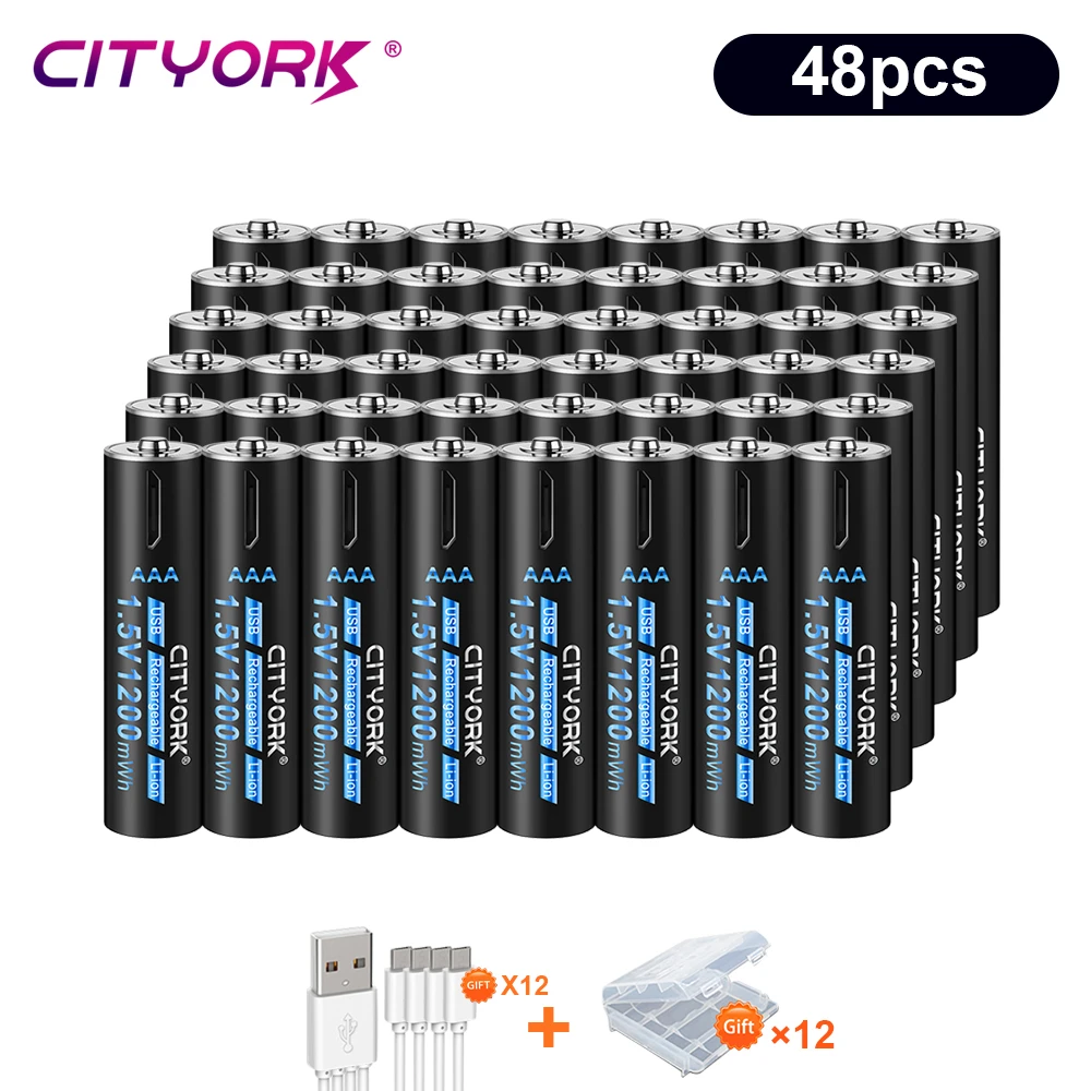 

24-48pcs 1.5V Li-ion AAA Battery 1200mWh 3A USB Rechargeable Lithium batteries For flashlight toy Remote control USB Charging