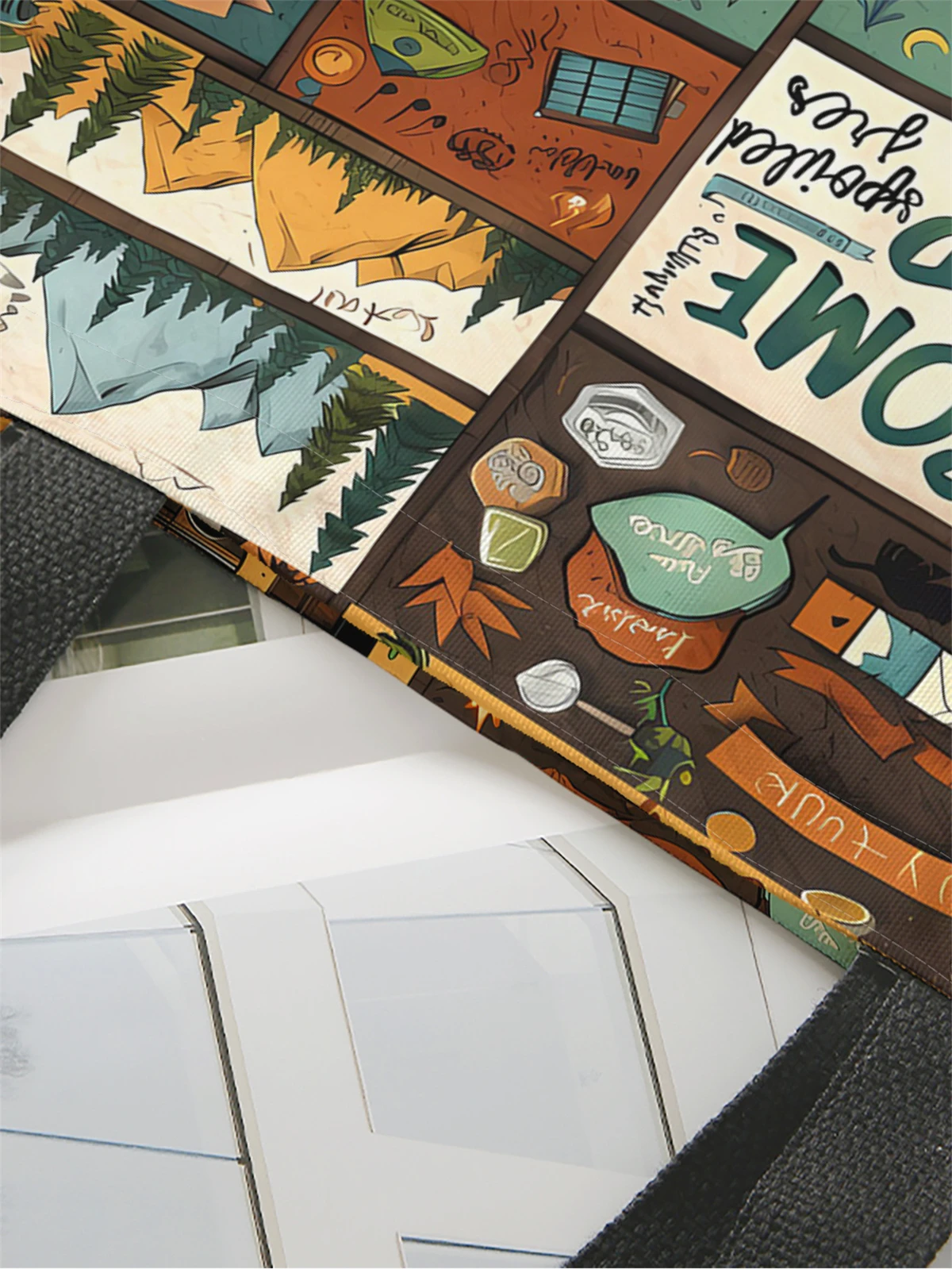 1pc,puzzle illustration style handbag, reusable fashionable handbag, multifunctional handbag, printed canvas shopping bag