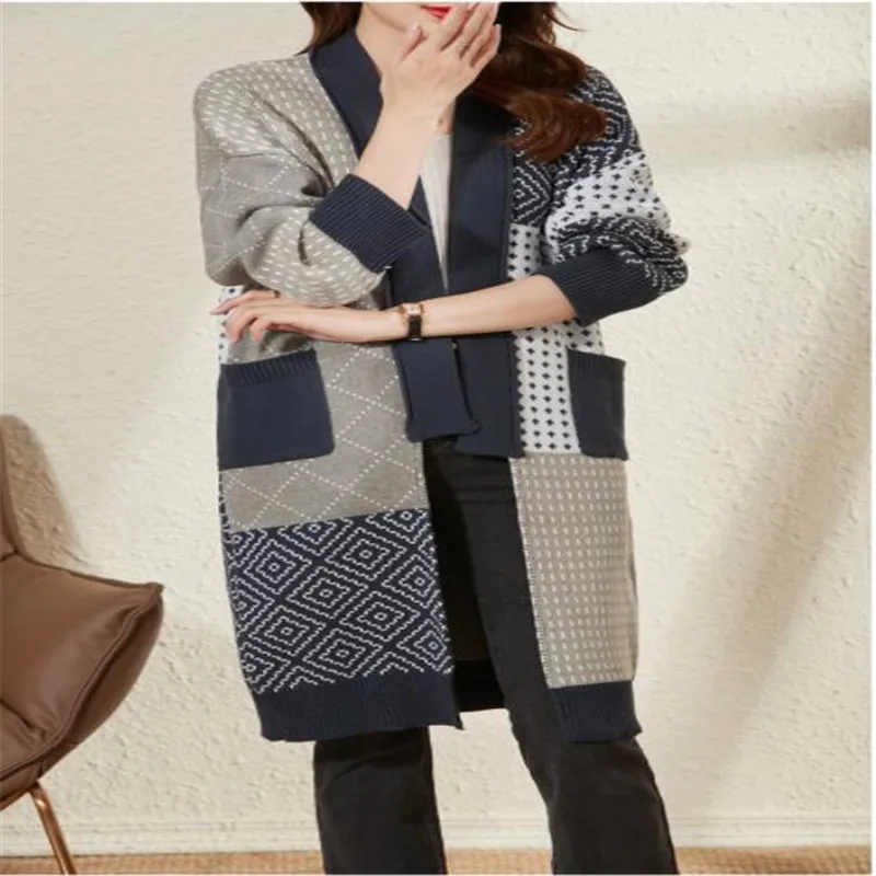 

Autumn/Winter 22 Women's Knitted Cardigan LazyBreeze Over The Knee Overcoat In Color Matching LongVintage Sweater Large Coat