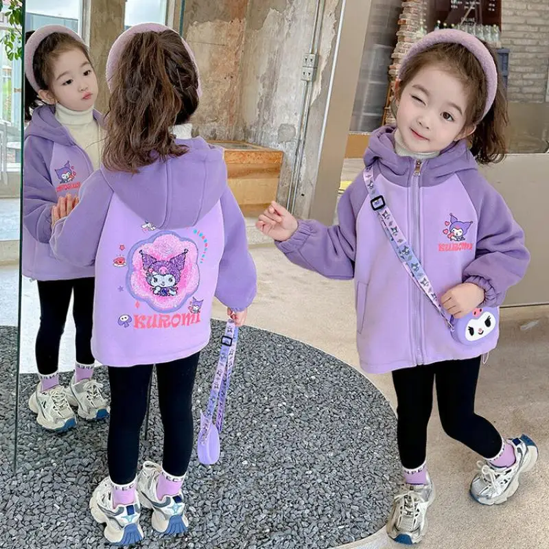 

Кавайное Детское пальто Sanrio Kuromi, уличные куртки, Свободный Топ с капюшоном, мультяшный аниме, свободная повседневная осенне-зимняя одежда для девочек, подарок