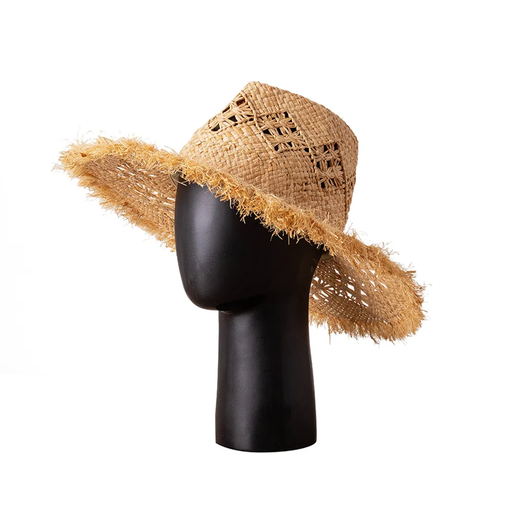 

King Wheat 2022 Spring Summer Hollow Hand Knitting Raffia Light Breathable Women Sun Hats Outdoor Shade Lady Jazz Panama Cap
