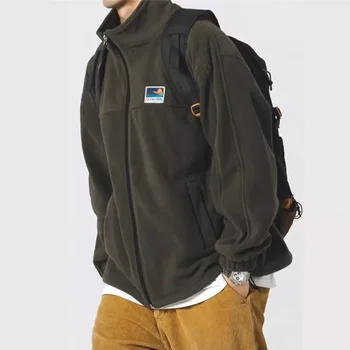 Giacche in pile polare vintage da uomo autunnali Appliques Cerniera Vestibilità ampia Capispalla Cappotto in lana d'agnello Giacca bomber invernale con colletto alla coreana 1