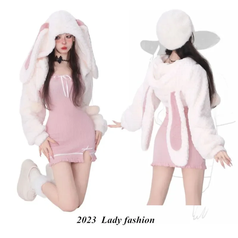 Sweater Dresses Korean Two Piece Set Women Sweet Mini Dress Suit Rabbit Ear Long Sleeve Coat + Female Knitted Slip Dress 2023