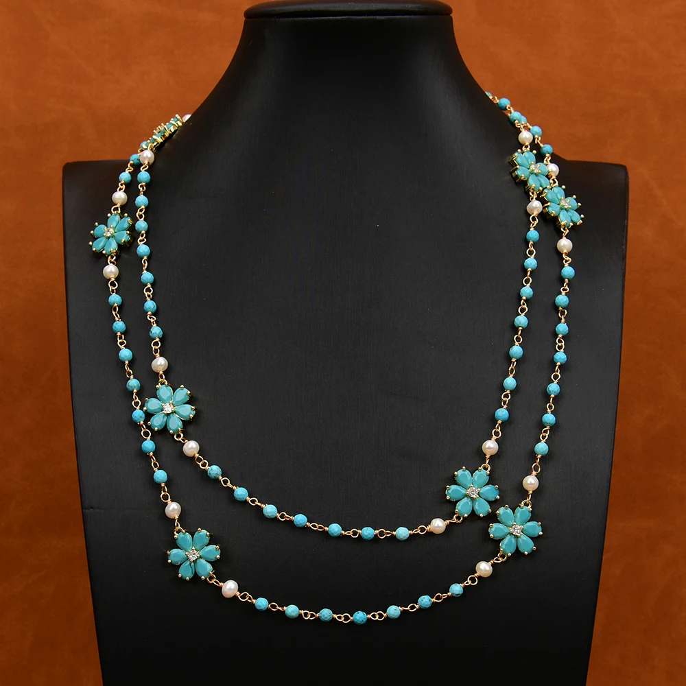 GG 45'' Natural White Pearl Faceted Turquoise Blue Jade Flower Crystal CZ Paved Sweater chain Necklace Lady Party Gifts