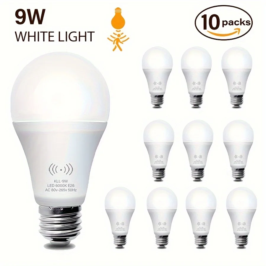 

10 Pack Motion Sensor Light Bulbs, 9W(Equal to 80W)Motion Detector Auto Activated Dusk To Dawn Security LED Bulb, E26 6000K Day