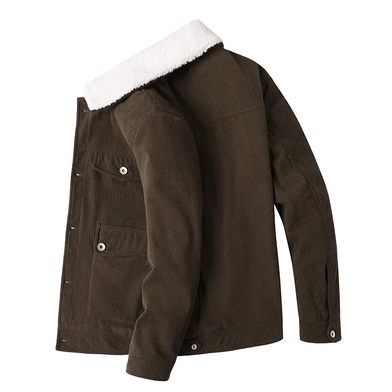 Corduroy Plus Size WarmJacket Men Imitation Lamb Fleece Multi Pocket Workwear Jacket Winter Cashmere Thickened Casual Loose Coat