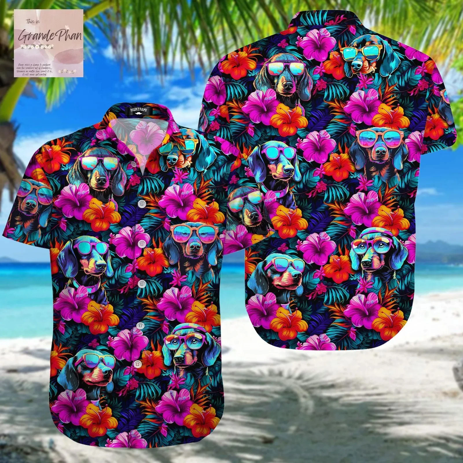Unisex white and floral short sleeve Hawaiian button up shirts with all over 3D prints of cute sausage dogs surfing and relaxing on tropical beaches