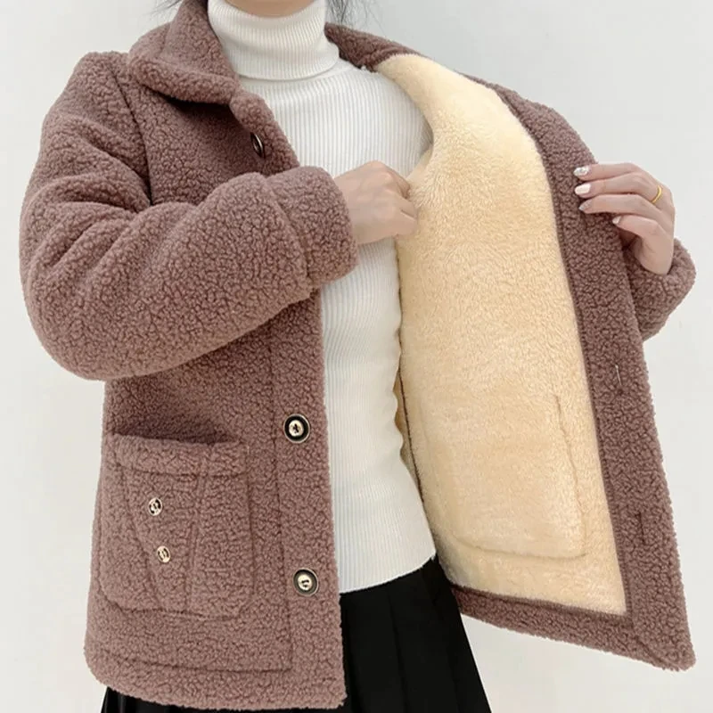 

Женская зимняя однобортная куртка, теплая Повседневная куртка для мам с лацканами и карманами из искусственного меха, новинка 2023