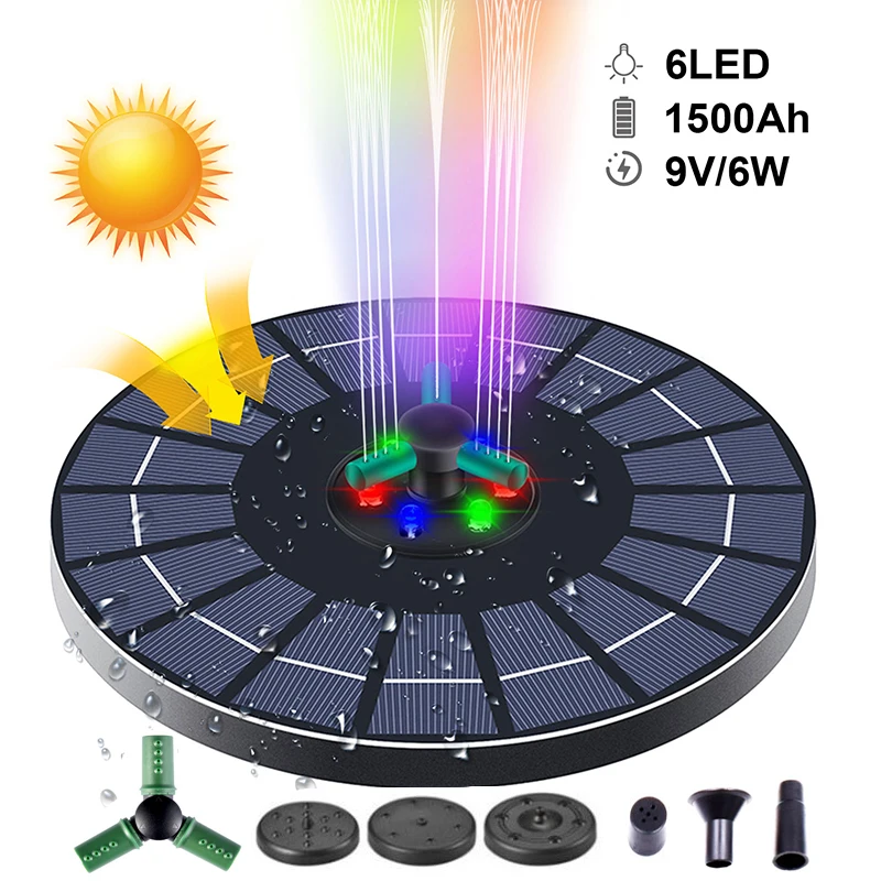 Solar Fountain Water Fountain Bird Bath Bird Bath Supplies 9V/4/6W Solar Water Fountain 360 Rotating Nozzle Colored RGB Lights Floating Waterfall Fountain Outdoor Decoration
