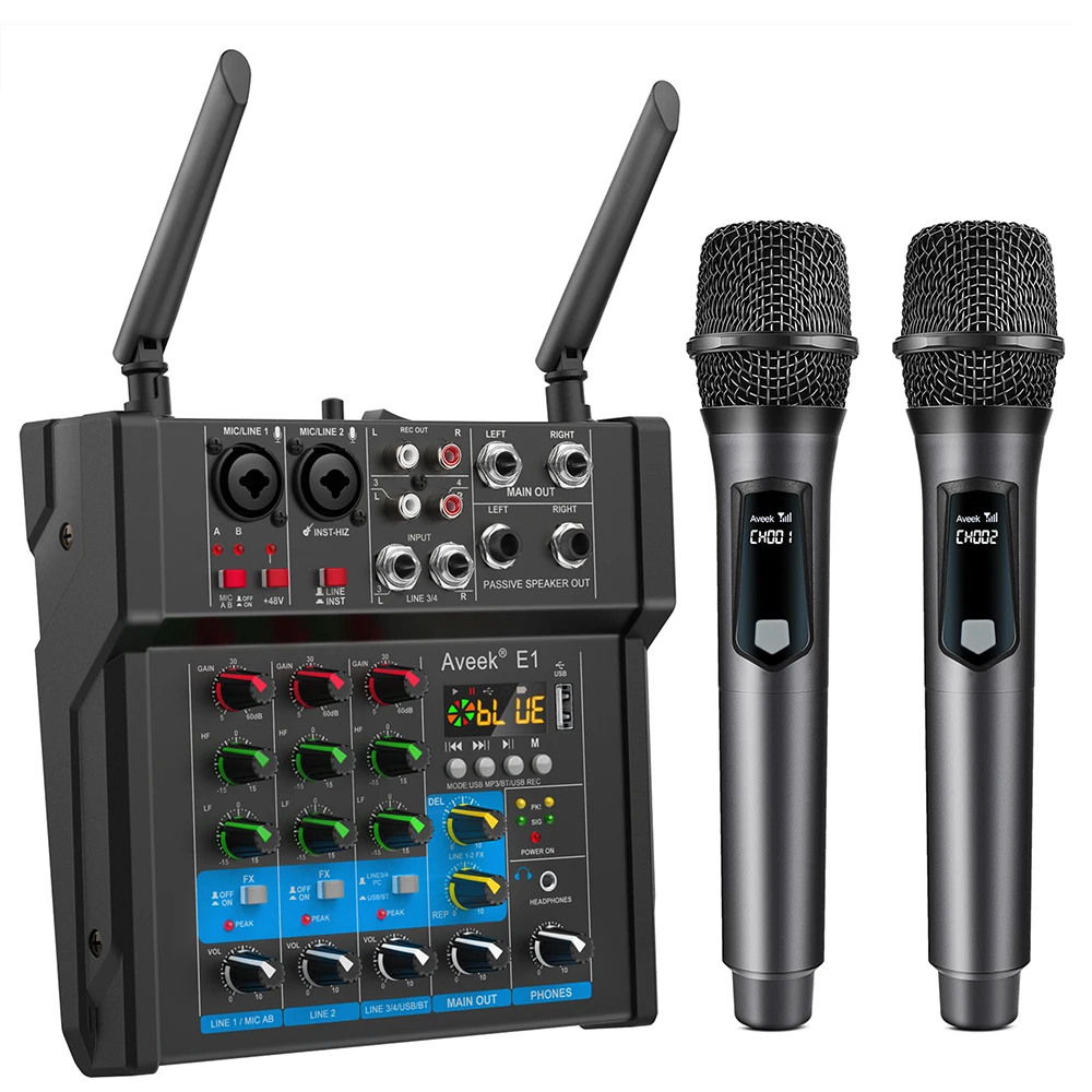 Aveek Powered Amplifier Audio Mixer,Dual Wireless Mic Sound Board Console Digital USB BluetoothComputer DJ Mixing for Karaoke