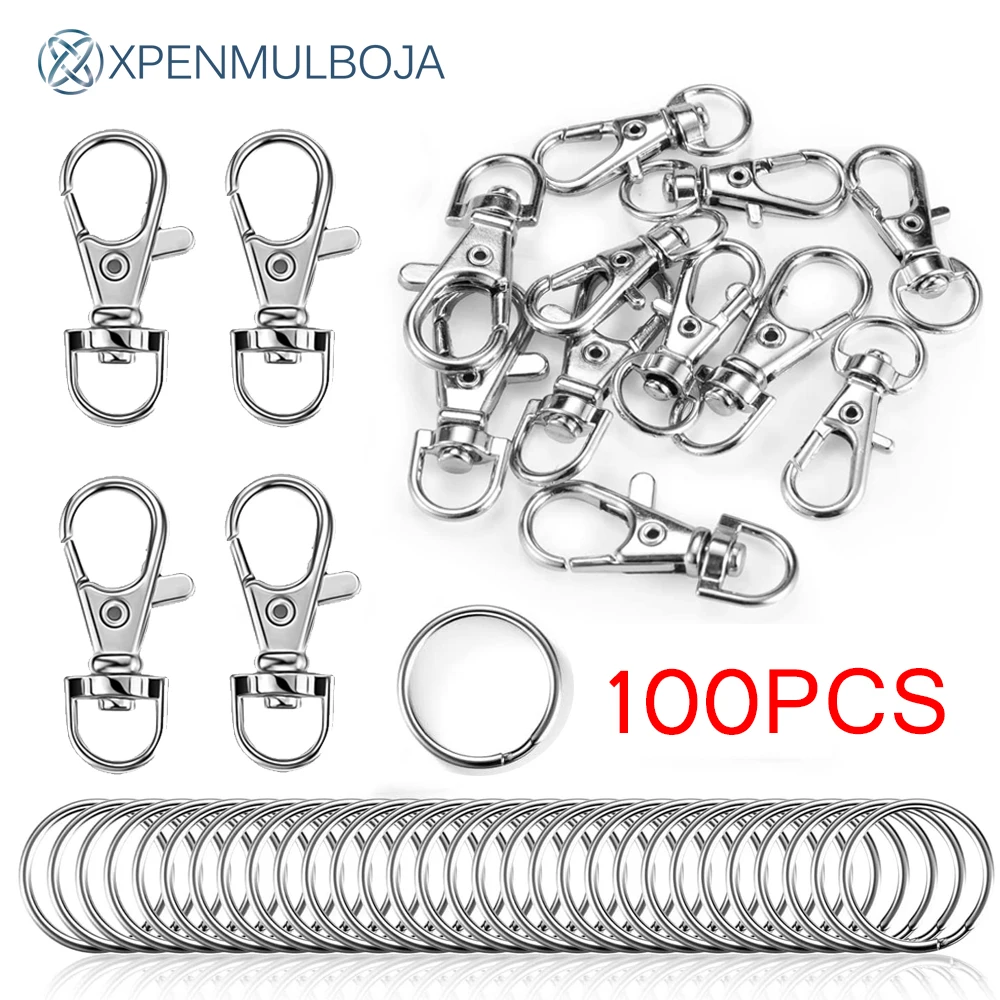 

100pcs Rhodium Lobster Clasp Clips Key Swivel Hook Keychain With Split Key Rings Findings Clasps DIY Keychains Making Wholesale