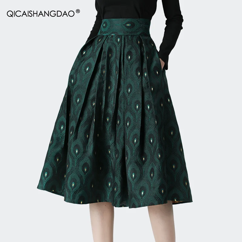 fashion-peacock-jacquard-women'-pleated-skirt-high-waist-a-line-big-swing-long-skirts-with-pockets-elegant-flowy-autumn-skirts