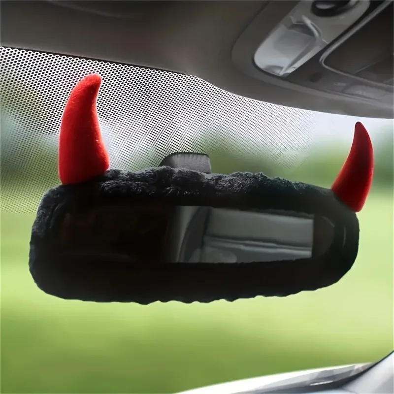 1pc Cute Devil Horn Car Rearview Mirror Cover-Creative Fabric Decoration for Vehicle Interior, for Halloween