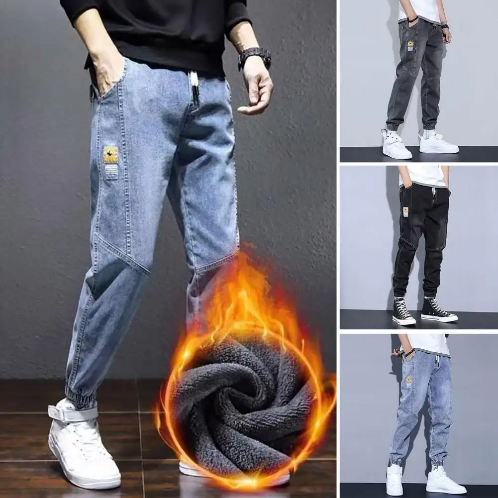 

Winter Men Jeans Men Fleece-lined Jeans Cozy Plush Lined Men's Jeans with Drawstring Waist Elastic Cuffs for Autumn for Menswear