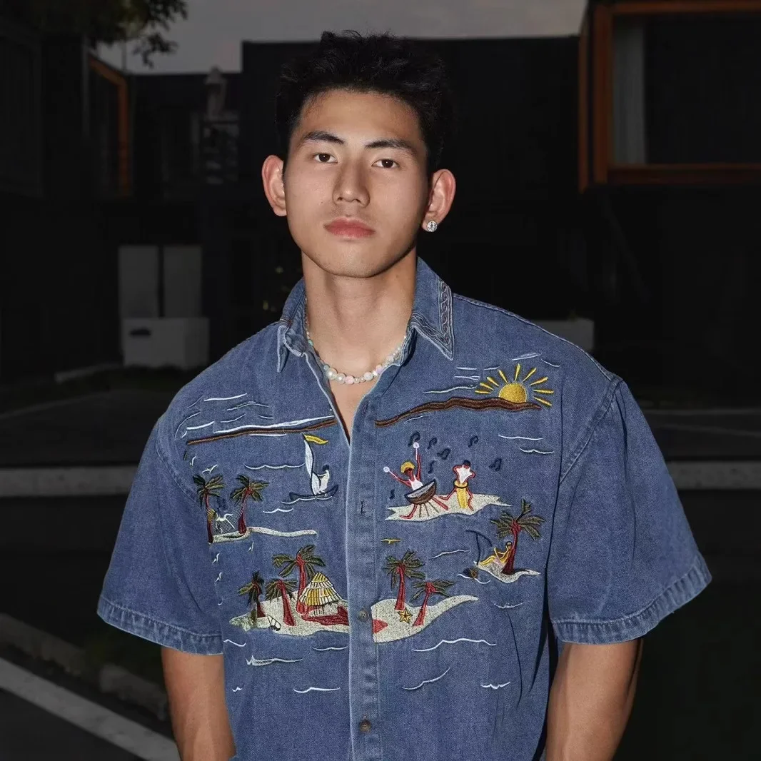 Neutral Retro Short Sleeve Shirt Summer Hawaii Beach Style Coconut Tree Denim Print Men's Shirt Casual Fashion