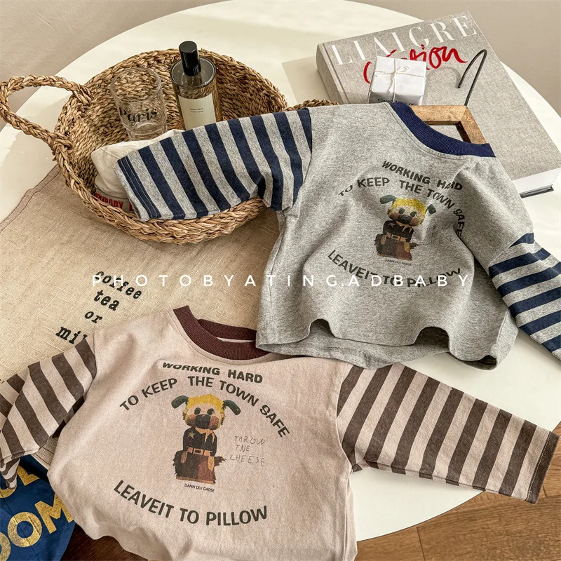 

2024 Spring New Children Long Sleeve Striped T Shirts Baby Boy Girl Cartoon Print Bottoming Tops Kids Toddler Casual Pullover
