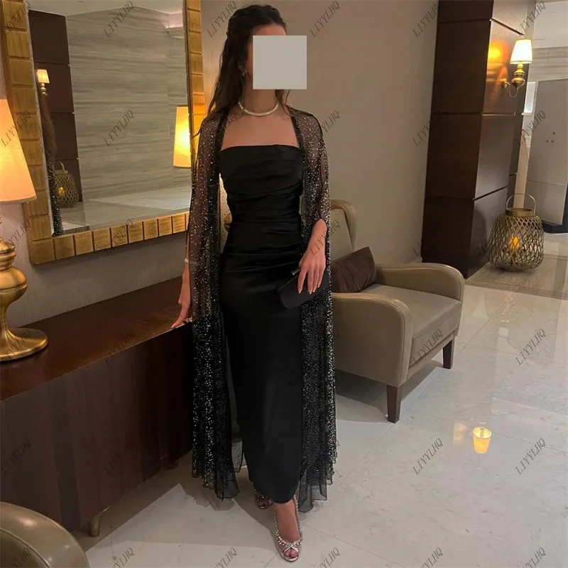 

LIYYLHQ Saudi Arabic Black Beading Satin Formal Occasion Evening Dresses With Cap Mermaid Ankle-Length Women Prom Party Dress