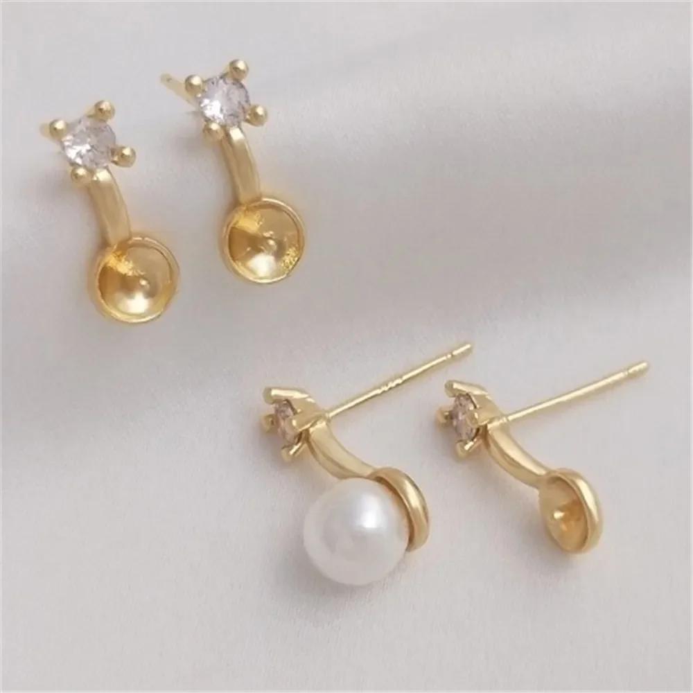 

14K Gold Filled Single Zirconia Bead Holder Stud Earrings S925 Silver Pin Sticky Crystal Pearl Earrings DIY Ear Accessories E245