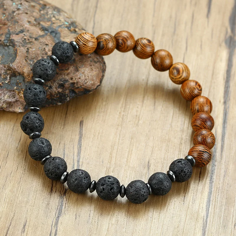 Vnox Lava Wood Beaded Bracelet Gents Male Wristband with Wooden Beads