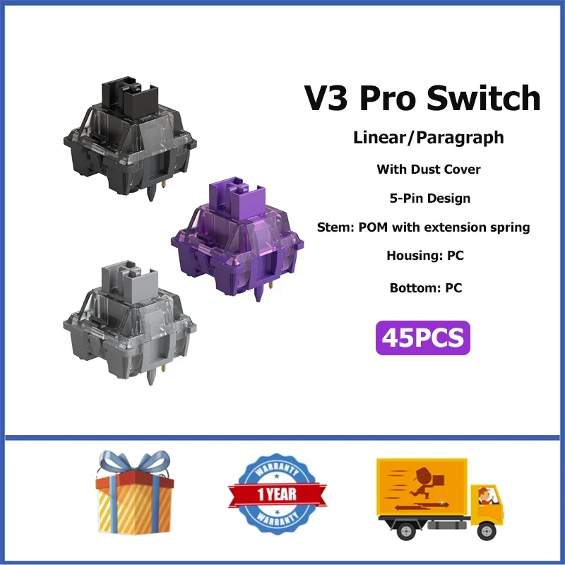 V3 Pro Cream Black/V3 Pro Lavender Purple/V3 Pro Silver Switch Linear/Paragraph 5-Pin Mechanical Keyboard Switch 45PCS