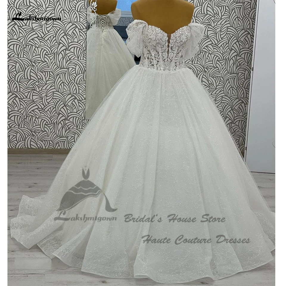 

Lakshmigown блестящие свадебные платья для церкви с открытыми плечами 2024 Vestidos корсет макси платья для невесты с бисером кружевной спиной