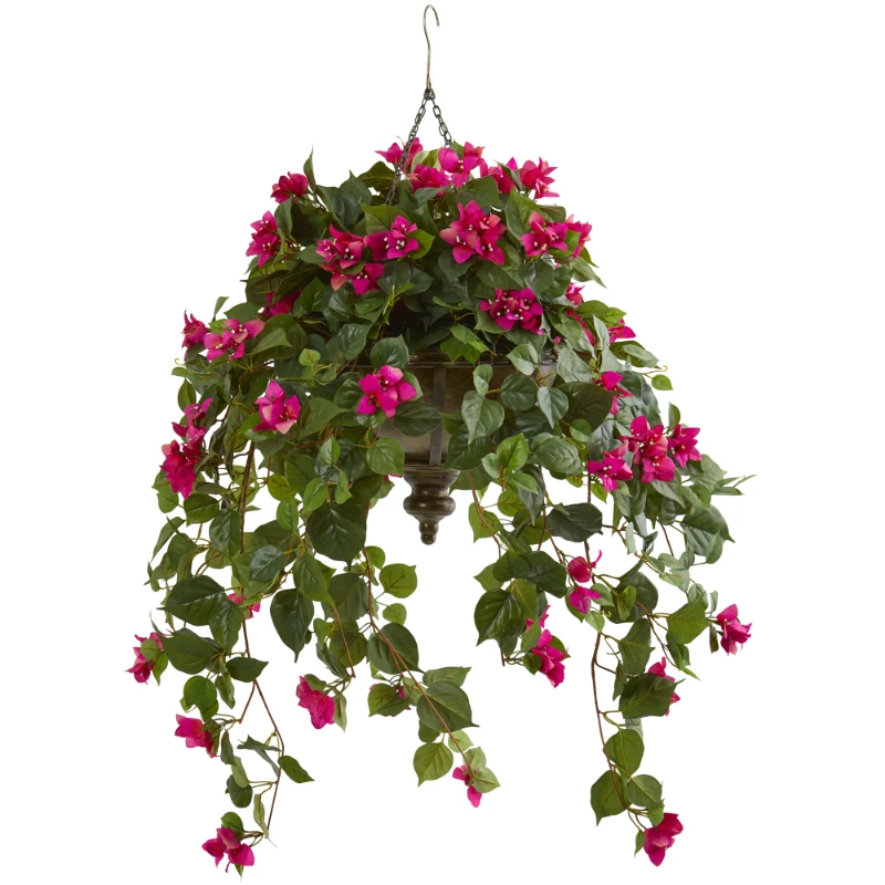 

37" Bougainvillea Artificial Plant in Hanging Metal Bowl , Pink