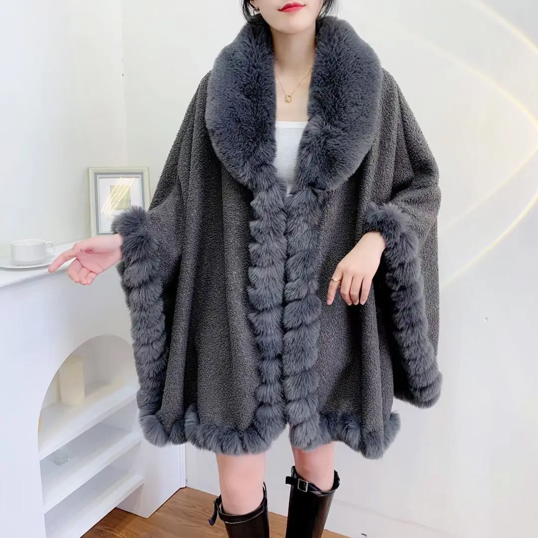 Women Winter Hole Roll Big Turn-down Faux Fur Collar Poncho Streetwear Loose Capes Teddy Velvet Cloak Big Pendulum Shawl Coat