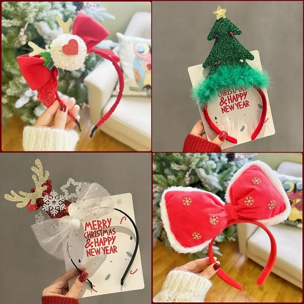 Cartoon Christmas Headband Fluffy Plush Deer Ear Children Headwear Hair Clip Bowknot Xmas Hair Accessories