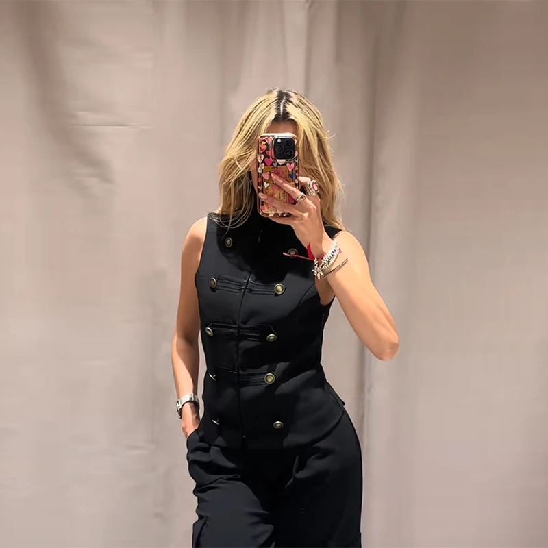 Colete Militar Estilo Napoleão Feminino Preto Sem Mangas Slim Fit Elegante para Escritório e Festas Roupa Casual Vintage para Trabalho 7