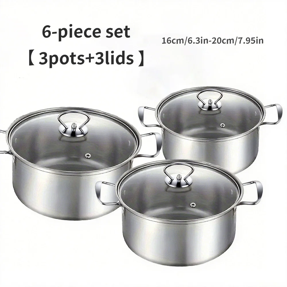 ステンレス製調理器具セット、調理器具5点とガラス蓋5点付き、コンロ、スープ、鍋、麺類、シーフードスープに適しています