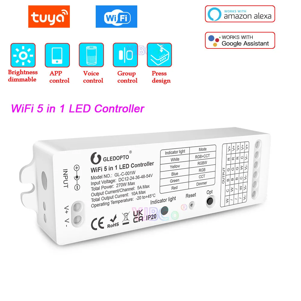 Gledopto wifi 5 in 1 led strip controller single color wwcw rgb rgbw
