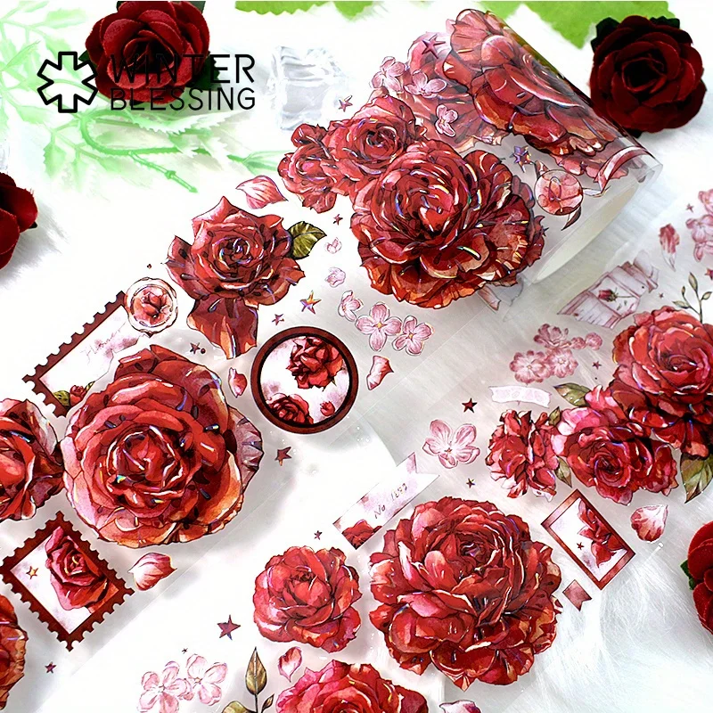 2m Laser PET Washi Tape Red Rose Transparent Roll Sticker Decorative Adhesive Tape For Scrapbooking Journal Aesthetic Stationery 4