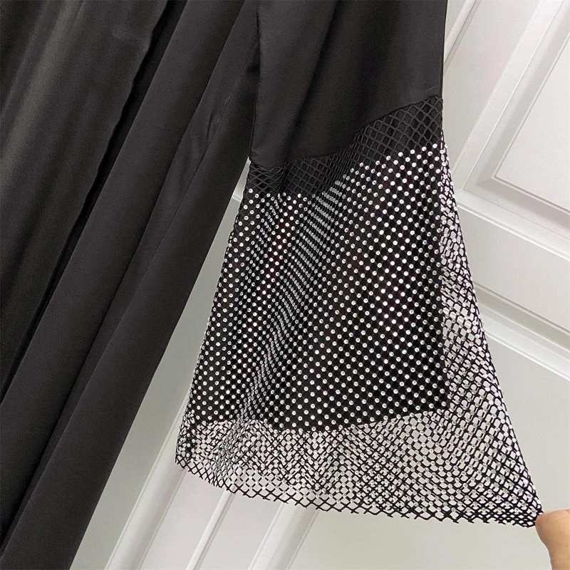 무슬림 라마단 이드 블랙 오픈 기모노 아바야 탄성 드릴링 네트, Shalwar Kameez 캐주얼 루즈 모로코 걸프 여성 로브