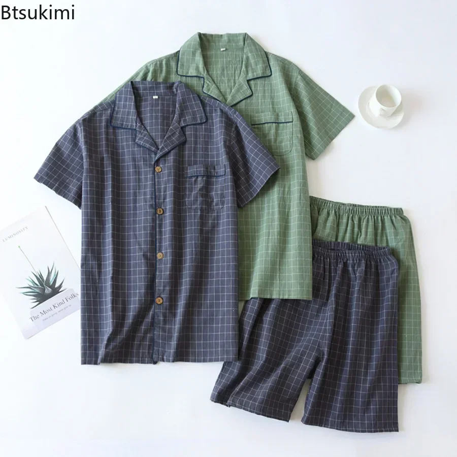 Men's Summer Pajamas Pajama Sets Thin Short-sleeved Shorts Soft Cotton Simple Japanese Plaid Home Service Suit Pantalon Pijama Hombre