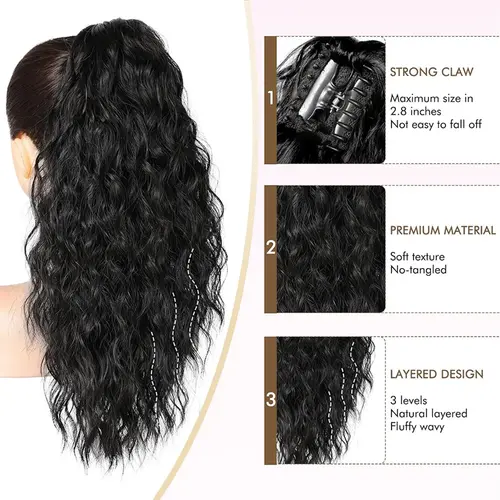 Synthetic Claw Long Wavy Ponytail Extension Black Brown 18-30" Curly Pony Tail Clip in Hair Extensions Fluffy Natural Looking - Image 4