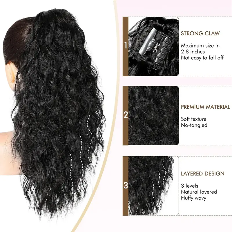 Synthetic Claw Long Wavy Ponytail Extension Black Brown 18-30" Curly Pony Tail Clip in Hair Extensions Fluffy Natural Looking - Image 4
