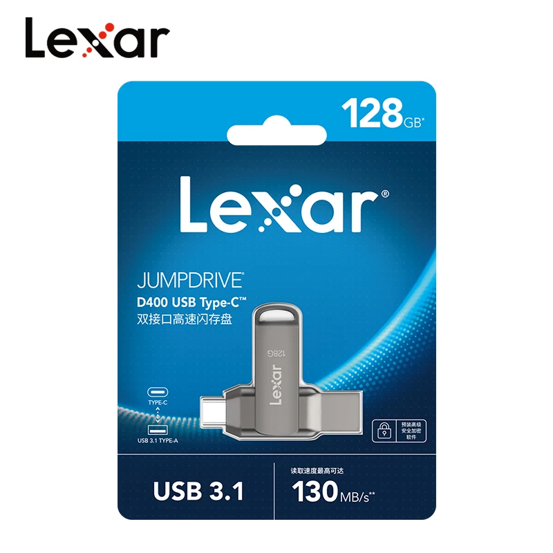Original Lexar USB3.1 JumpDrive TYPE-C D400 Encrypted 256GB 128GB 64GB 32GB Metal 130MB/s Udisk Flash Memory Stick for Desktop USB Flash Drive