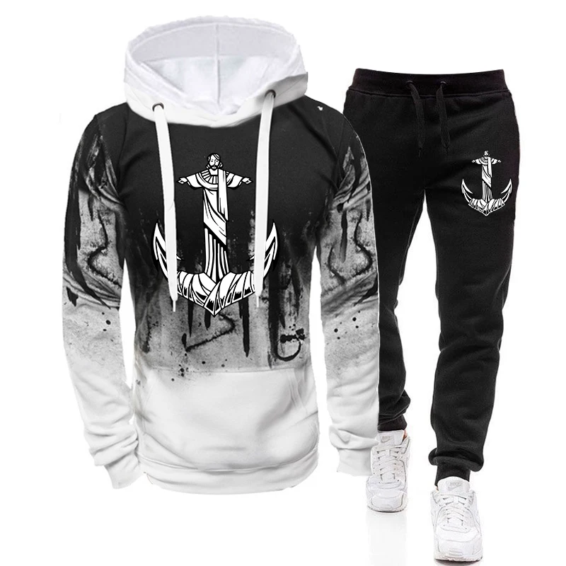 

2023 Hot Sale Mens Jesus Tracksuit Hoodies and Black Sweatpants High Quality Male Dialy Casual Sports Jogging Set Autumn Outfits