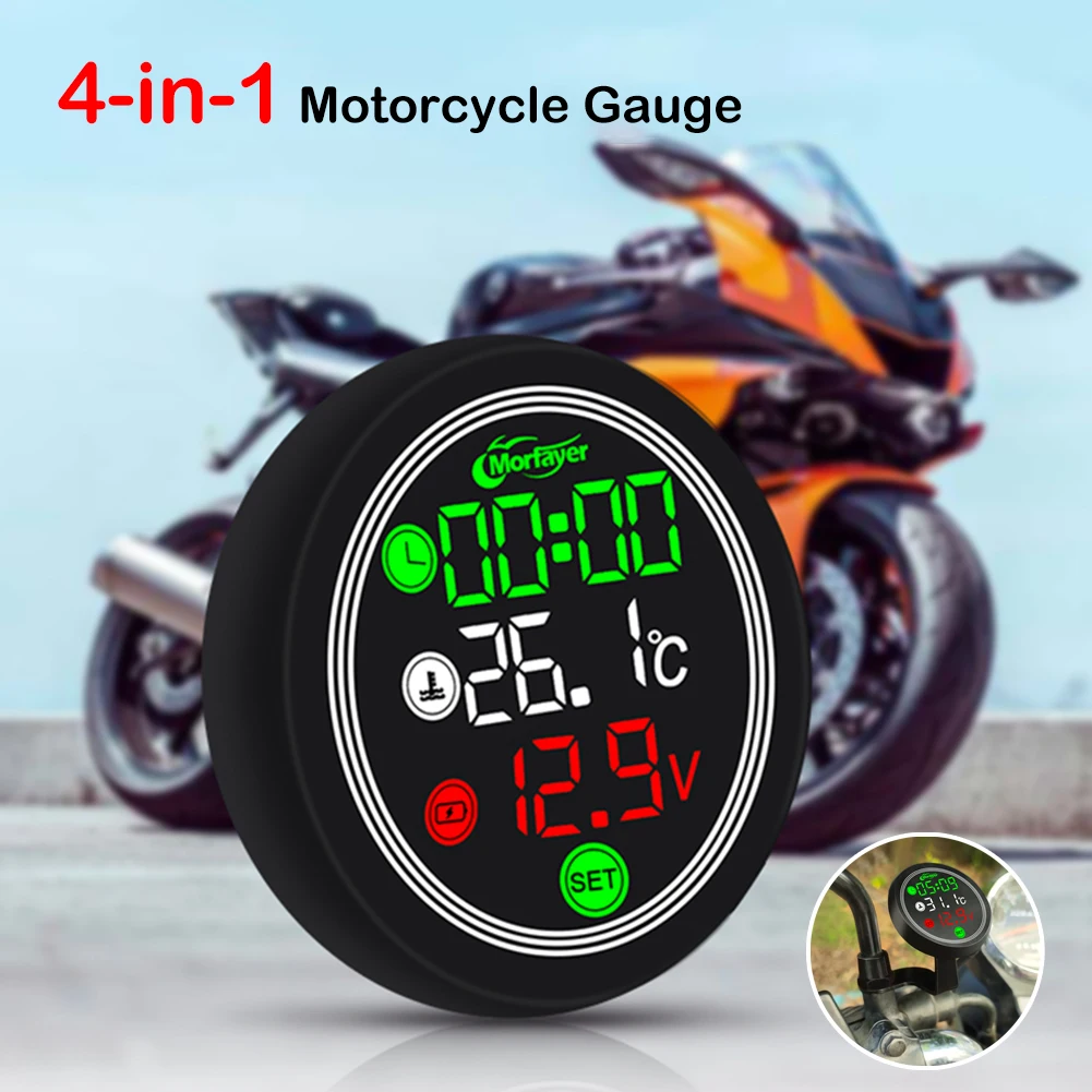 

9-24V Motorcycle Thermometer LED Digital Display Electronic 4 In 1 Water Temperature Meter Voltmeter Gauge Low Voltage Alarm