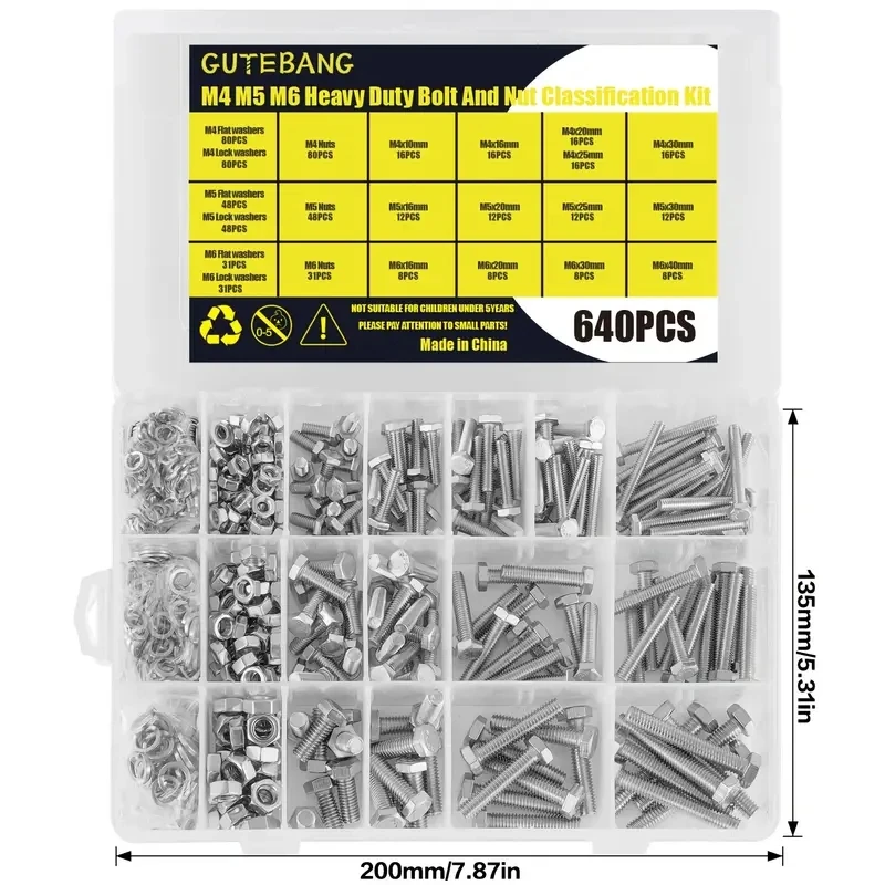 640-piece M4 M5 M6 Heavy Duty bolt and nut set, metric 304 stainless steel screw set with flat washer and spring washer for home