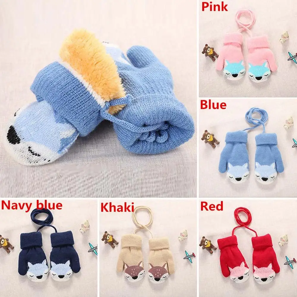 Children Gloves Winter Cartoon Fox Thicken Plus Velvet Halter Gloves For Kids Toddler Outdoor Keep Warm Knitted Mittens
