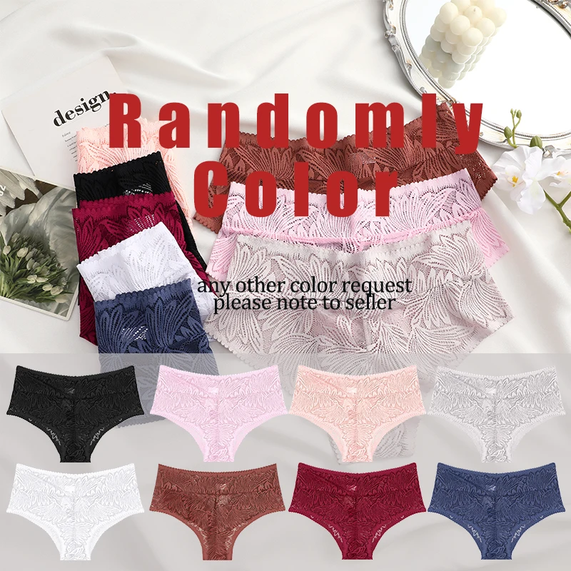 6pcs Women's Sexy Lace Breathable Panties Seamless High Waist Transparent G-String Solid Color Hollow Breathable Underwear S-XXL