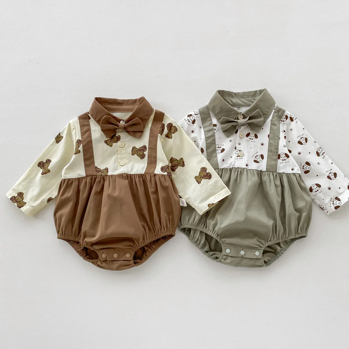 

Korean Baby Boys Clothes Autumn Infant Long Sleeve Bodysuit Cartoon Bear Patchwork Boys' Bows One Piece Clothes Toddler Jumpsuit