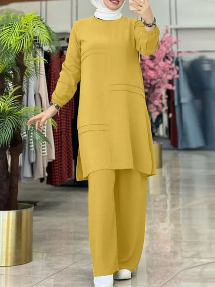 Ramadan two-piece sets women's shirt dress and pants Muslim outfits shirt blouse Moroccan caftan Islamic dress
