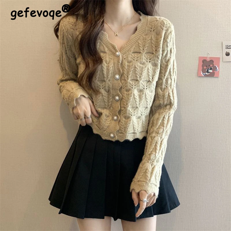 

Women Trendy V Neck Hollow Out Chic Kawaii Single Breasted Knitted Cardigan Spring Autumn Casual Solid Long Sleeve Sweater Coat